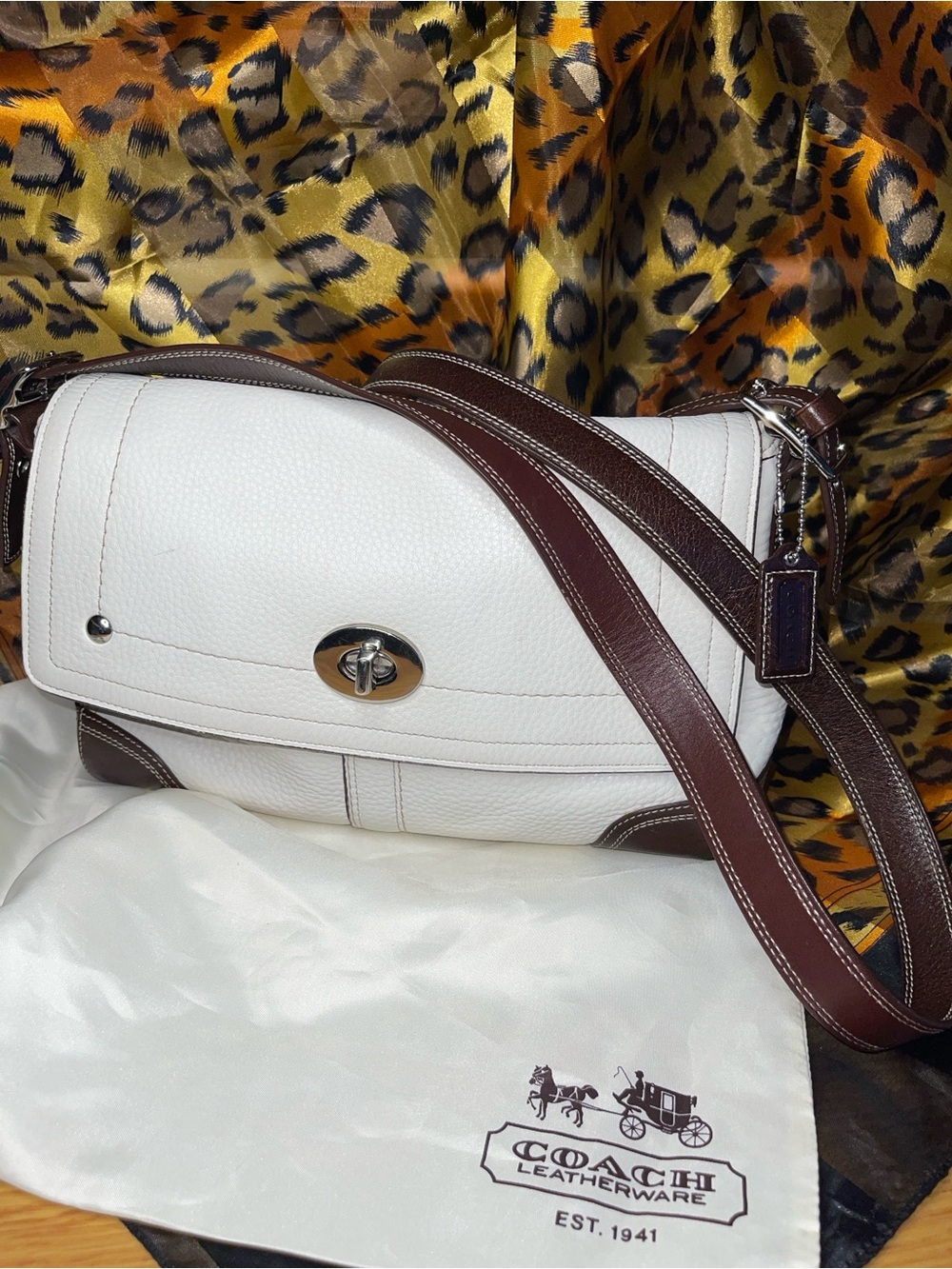 Coach White Leather Crossbody with Brown Trim and Strap